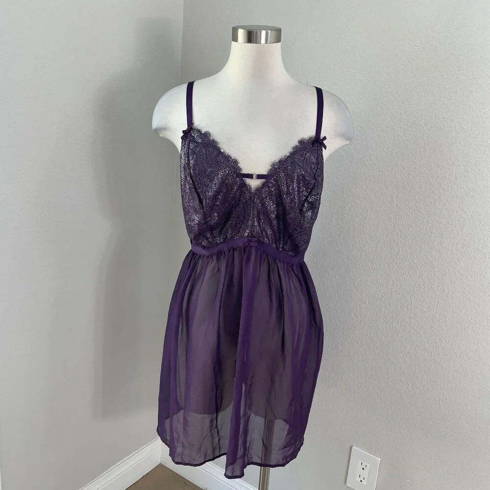 NEW Cacique Womens Plus 22/24 Purple Metallic Sheer Lace Babydoll Lingerie Set - Picture 8 of 14